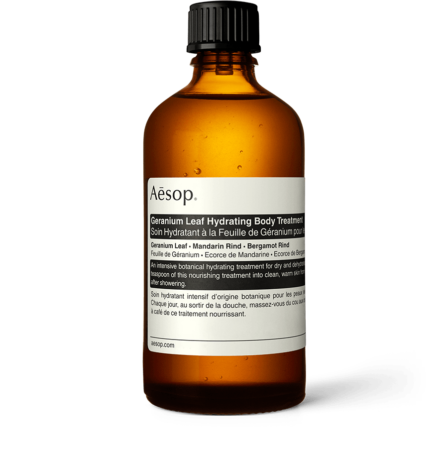 Geranium Leaf Hydrating Body Treatment in amber glass bottle 