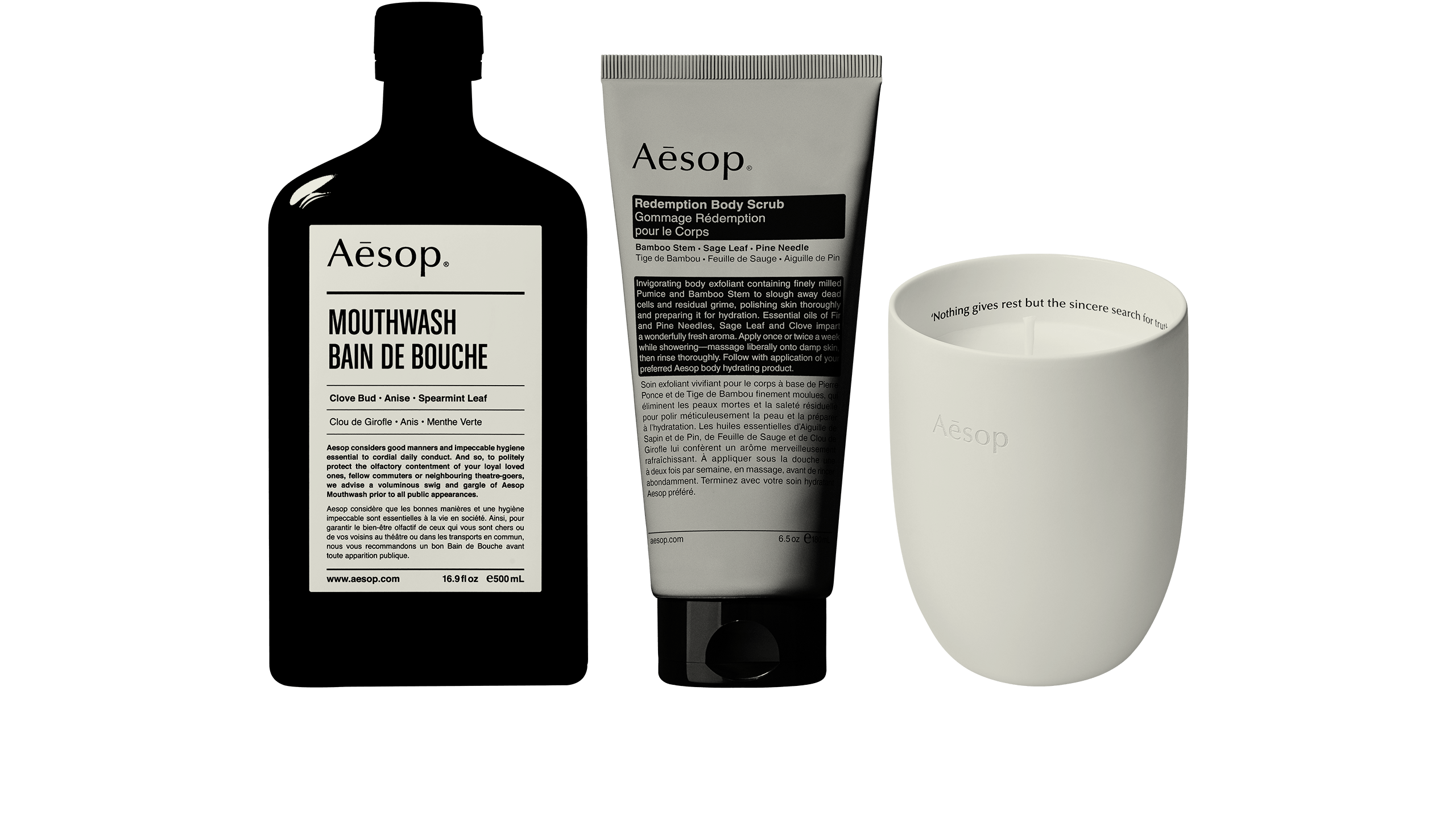 Line-up of Aesop products.