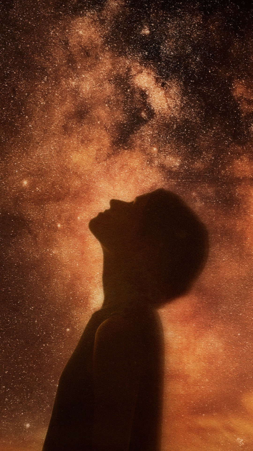 The shadow of a person in front of the night sky full of stars.