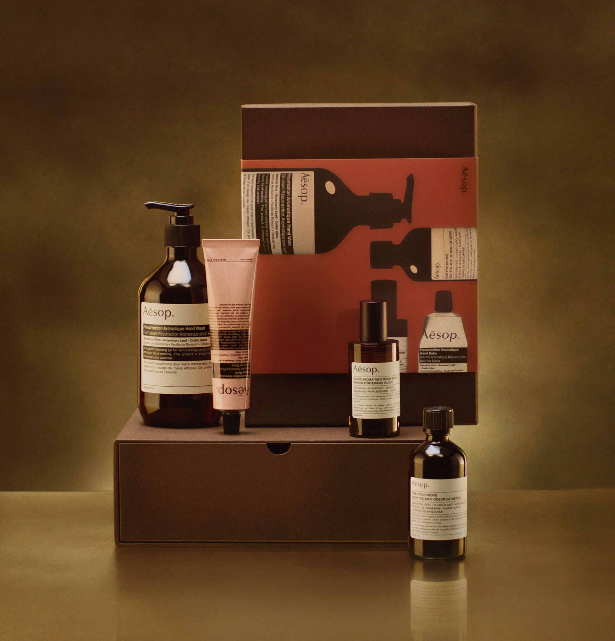 Aesop Bathroom Abundance festive gift kit on a brass countertop.