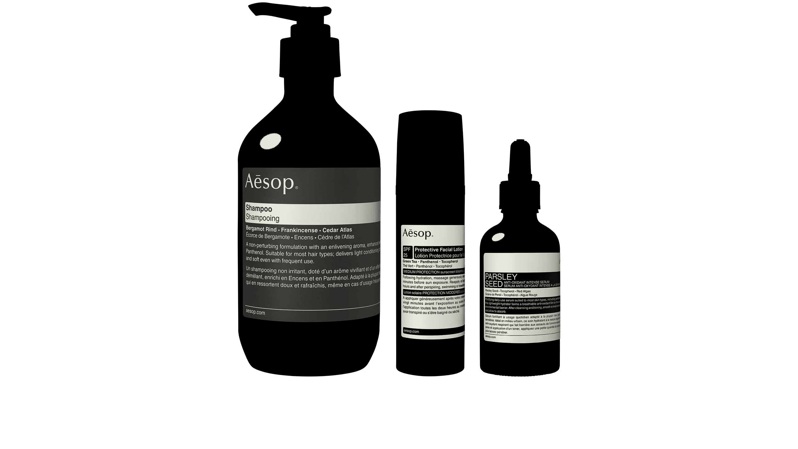 Line-up of Aesop products.