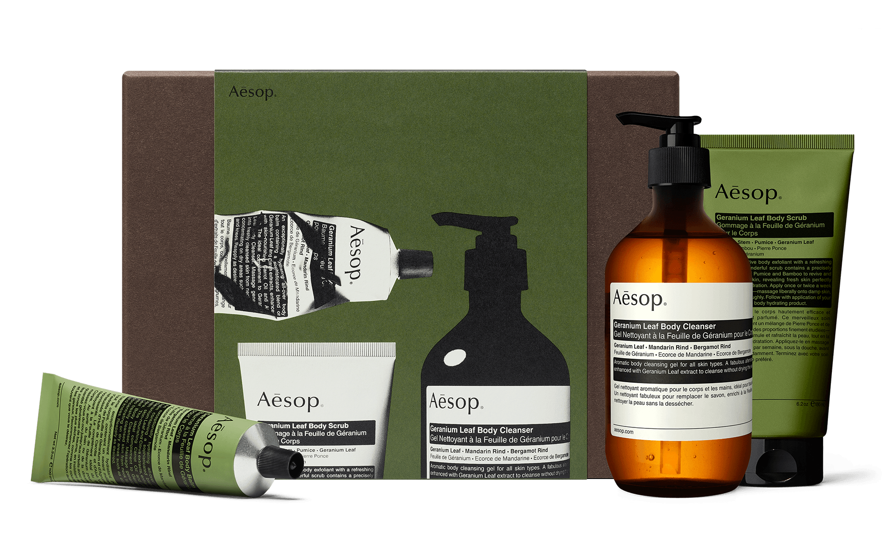 Three Geranium Leaf formulations alongside a recycled cardboard gift box.