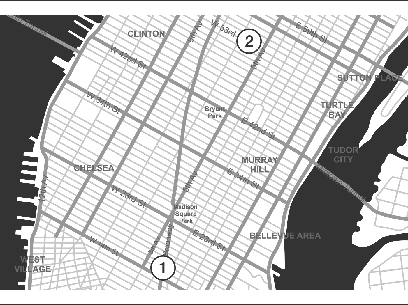 A map of New York City labelled 1-2 indicating address locations. Addresses and further information is described under the heading ‘The city from the saddle’)