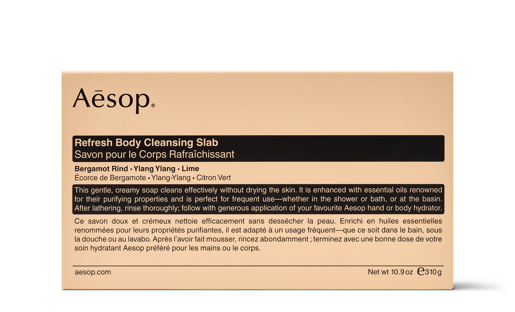 Refresh Body Cleansing Slab in a recyclable FSC-certified, peach-coloured carton. 