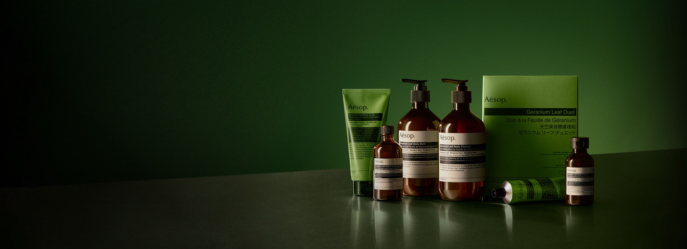 A full range of Geranium Leaf products in a green background.