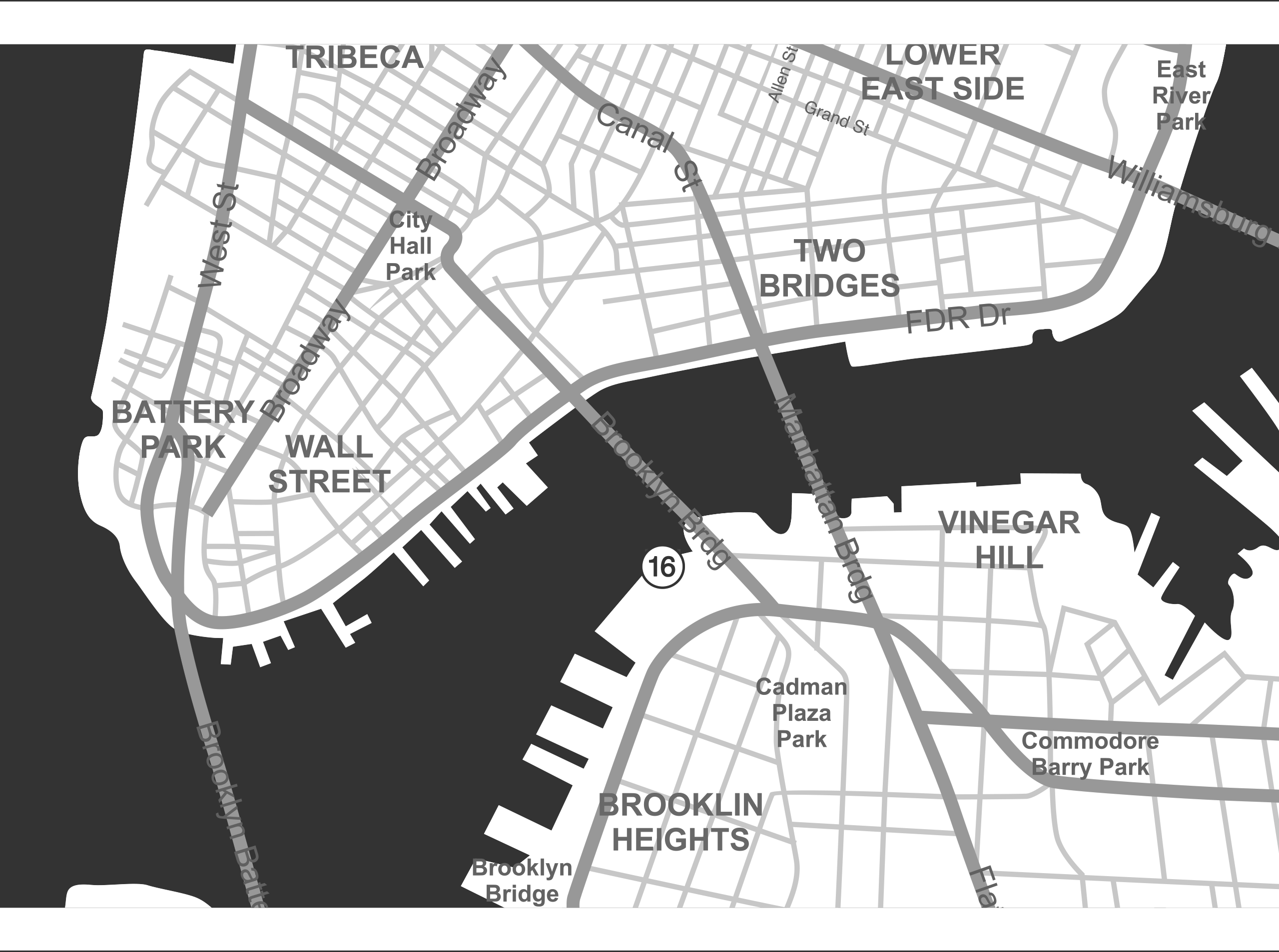 A map of New York City labelled 16 indicating address location. Address and further information is described under the heading ‘One Brooklyn Bridge’