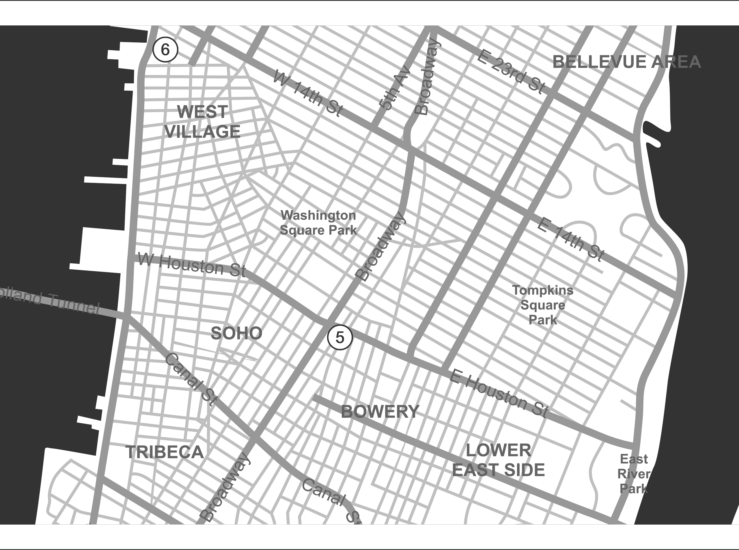 A map of New York City labelled 5-6 indicating address locations. Addresses and further information is described under the heading ‘Housing Works Bookstore’