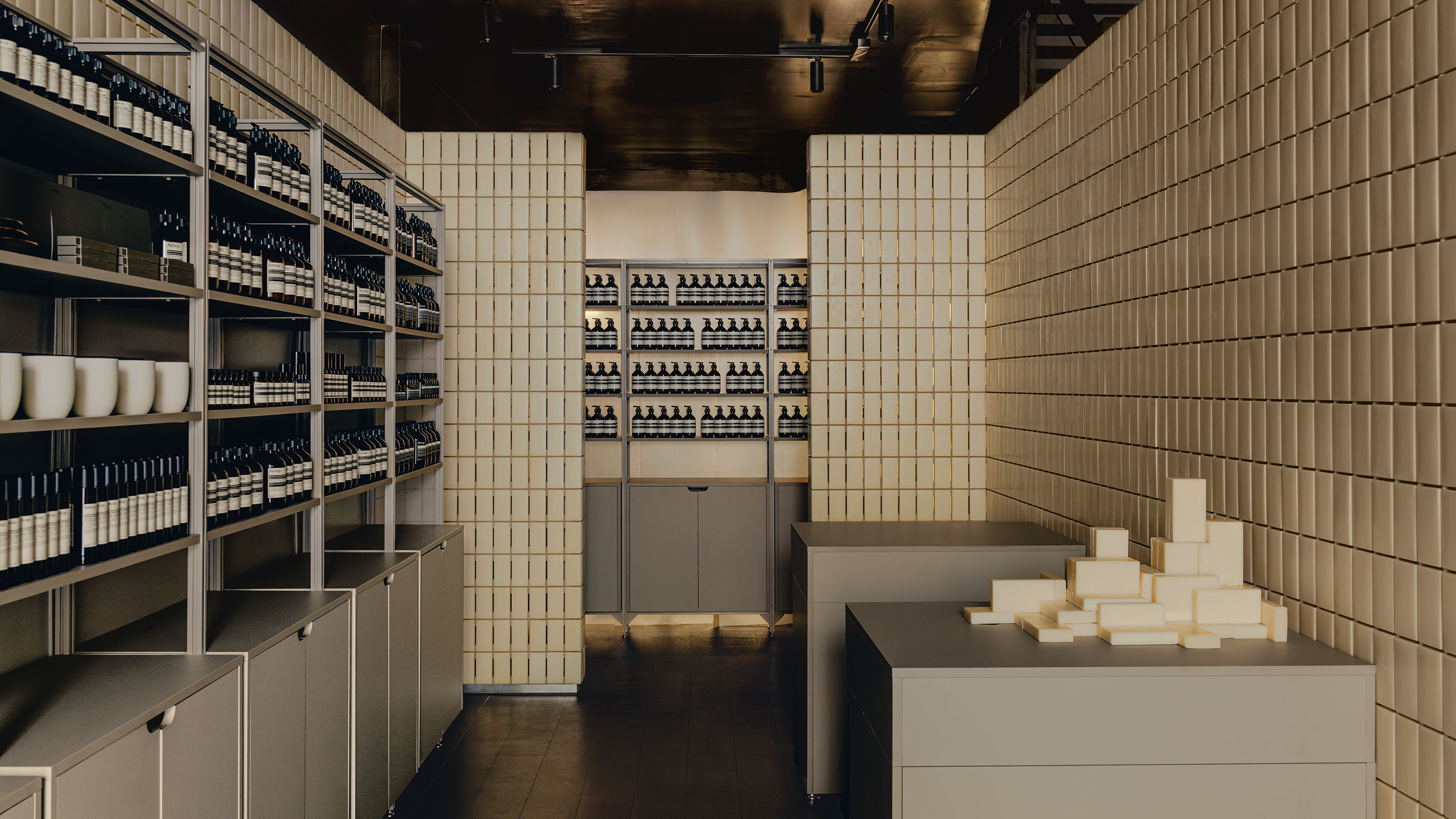 Aesop Knightsbridge store interior bar soap fixings and product displays.