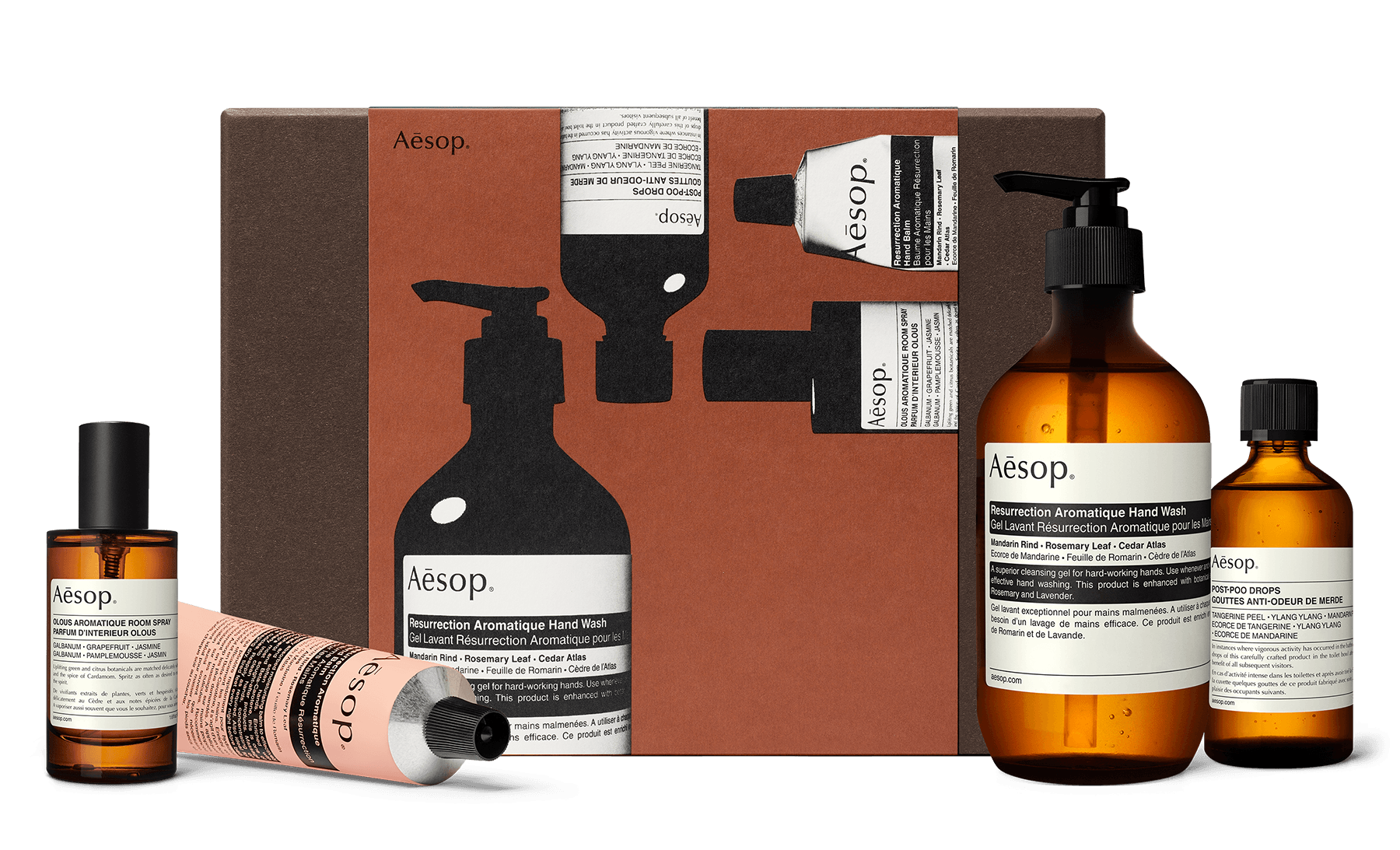 Four formulations for the bathroom alongside a recycled cardboard gift box.