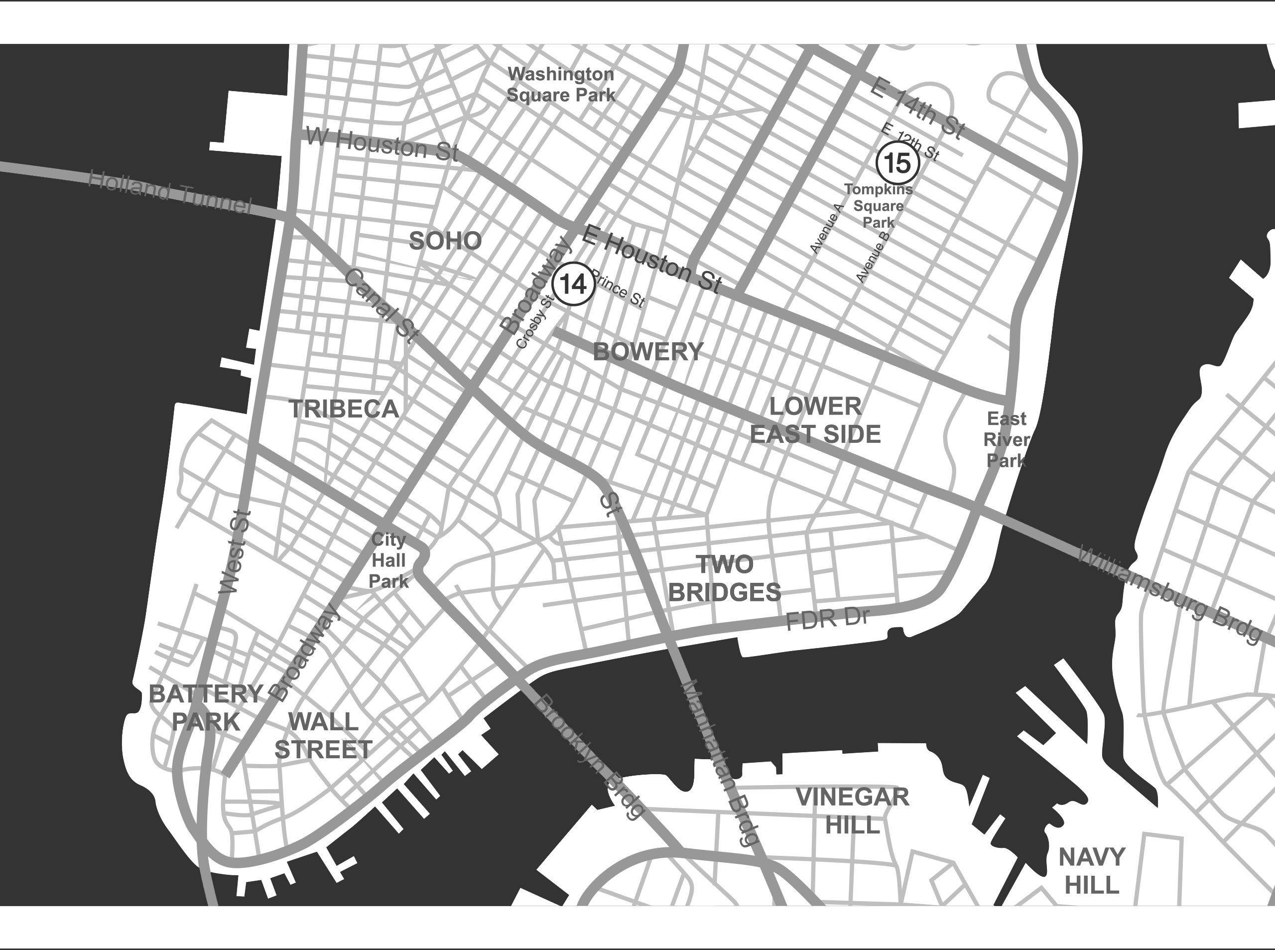 A map of New York City labelled 14-15 indicating address locations. Addresses and further information is described under the heading ‘Crosby Street Hotel’