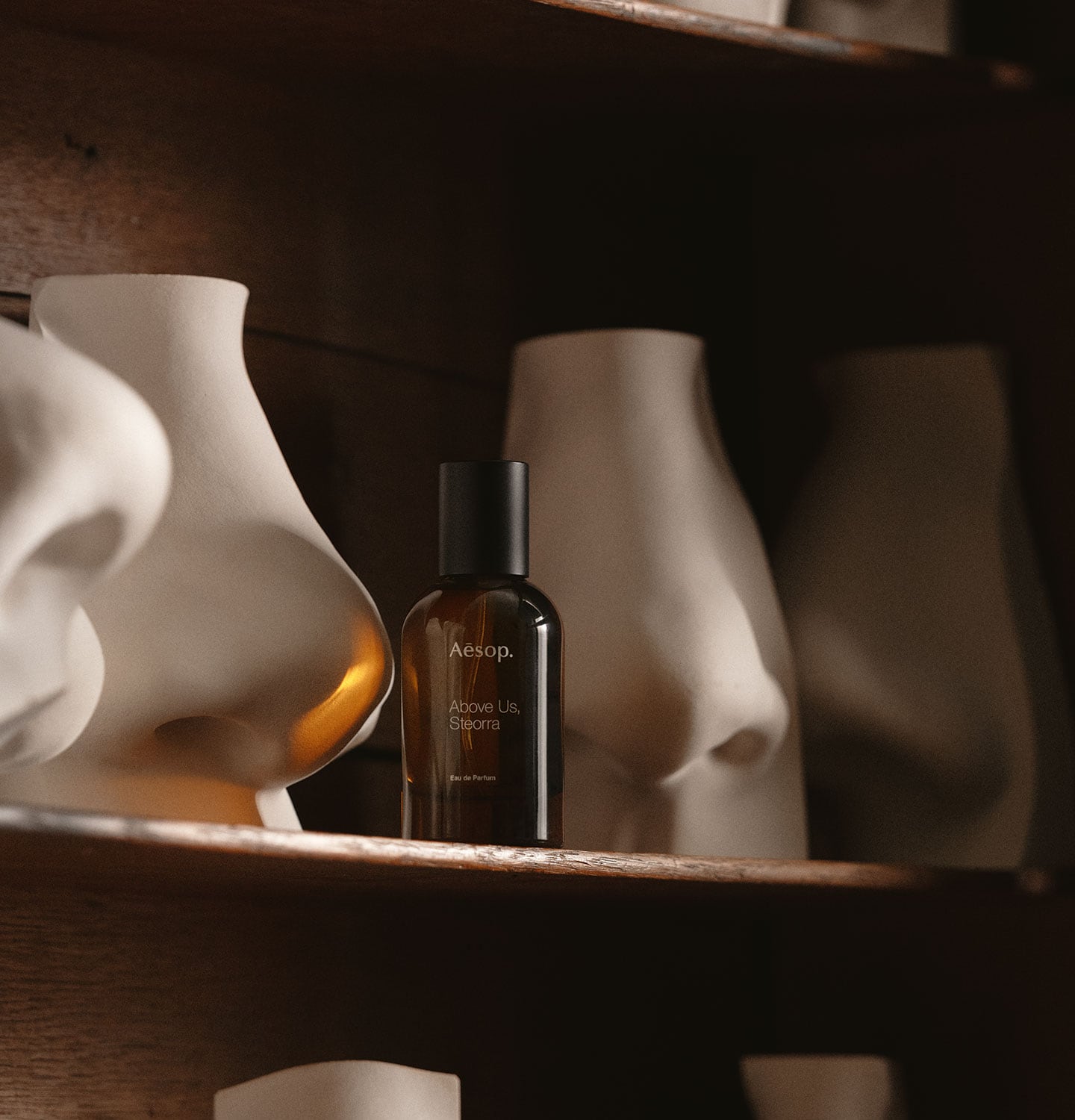 Aesop Above Us, Steorra fragrance bottle next to some sculpture noses.